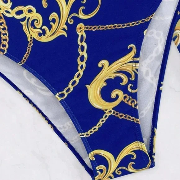 Push Up One Piece Chain Print Swimsuit With Beach Skirt - Picture 7 of 7